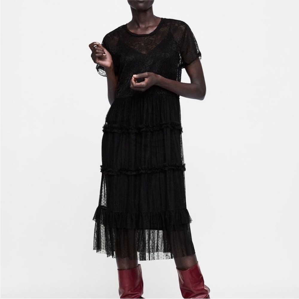 Zara Black Lace Tiered Midi Dress